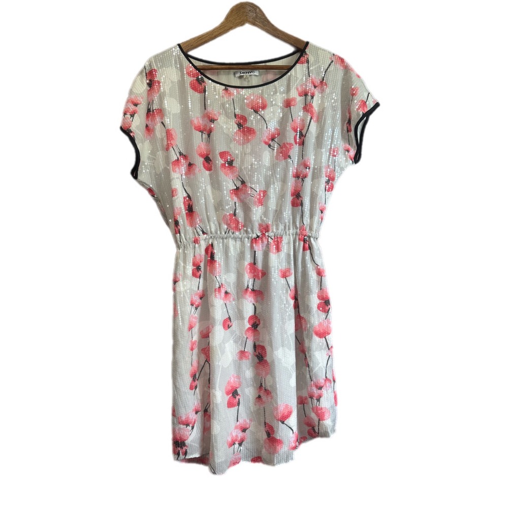 DKNYC Sequin Floral Dress Womens Small Pink White Poppy Cap Sleeve Excellent